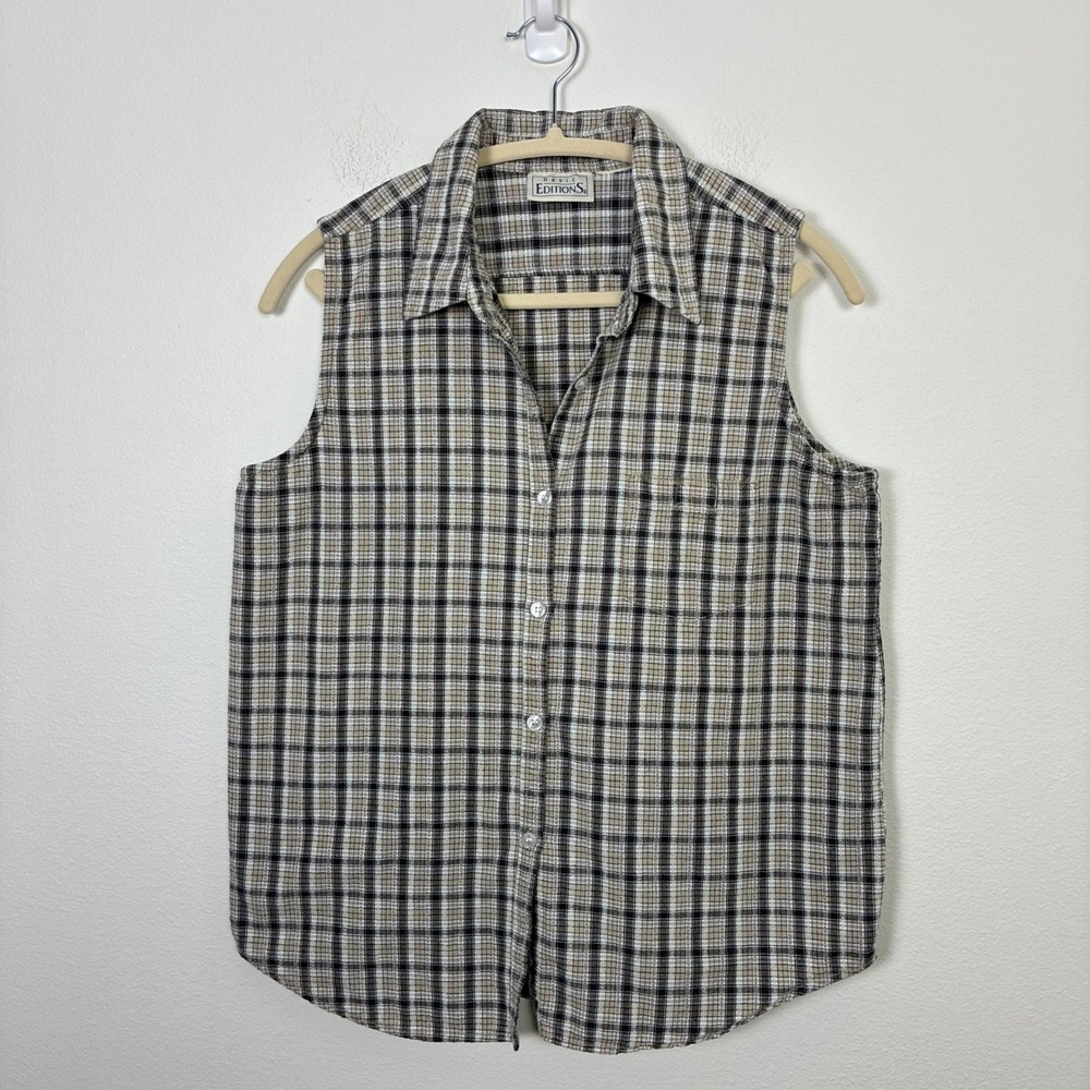 Vintage Women's M Plaid Sleeveless Button Down Shirt Fishermans Wife Granola